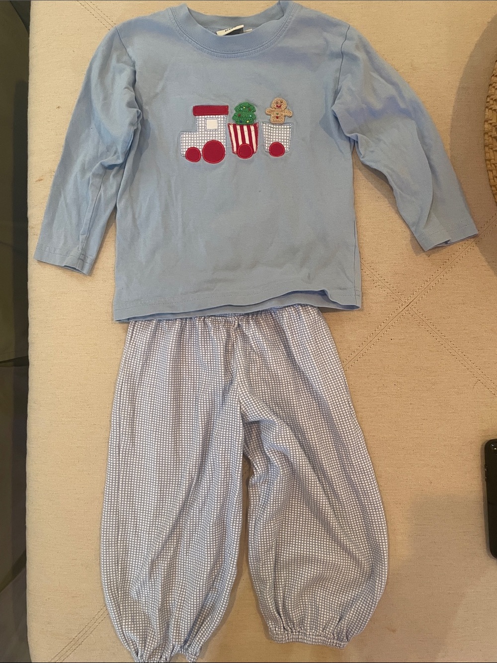 Light Blue Train Appliqué Kids Pajama Set